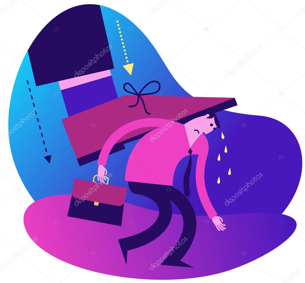 Henpecked man.  A man under the thumb of a bad boss.Flat design illustration for presentation, web, landing page, infographics: cartoon character. 
