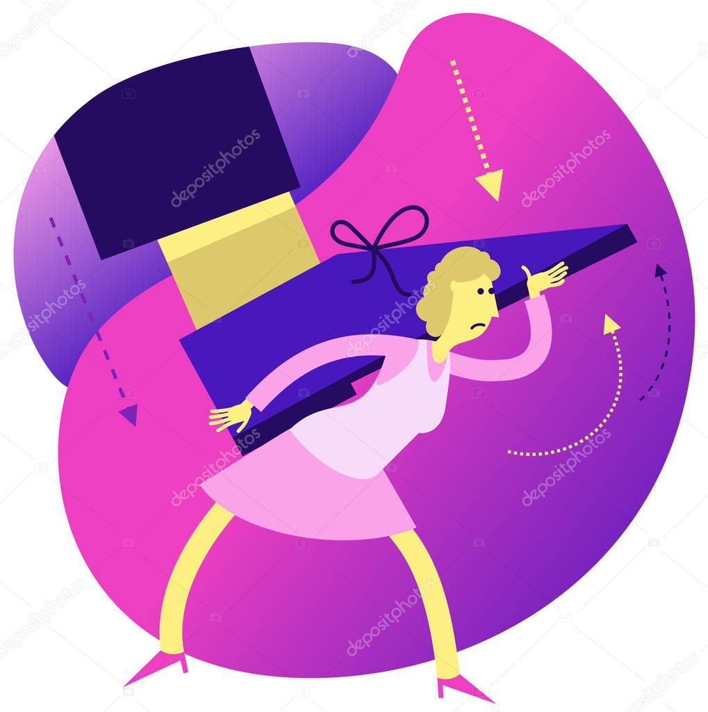 Feminism. Girl power. A woman holds a man's leg over her head. A strong woman fights for women's rights. Flat illustration design for presentation, web, landing page, infographics.
