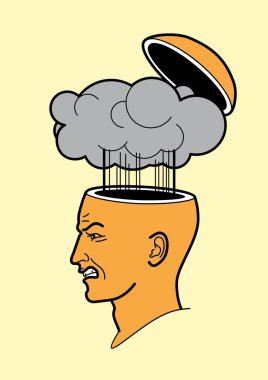 İnsan kafası. Bir adamın beyni açıktır. Açık bir insan kafası şekli. Profil adamı. Kafasında patlamalar var. Kafasında patlama var. Beynim kaynıyor. Duman açık kafandan çıkıyor. Öfke, saldırganlık. Baş ağrısı. 