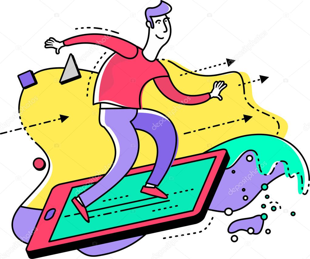 Cartoon character illustration for web design, presentation, infographic, landing page: Woman uses the Internet. Makes a choice in the online store. Works with a mobile app.