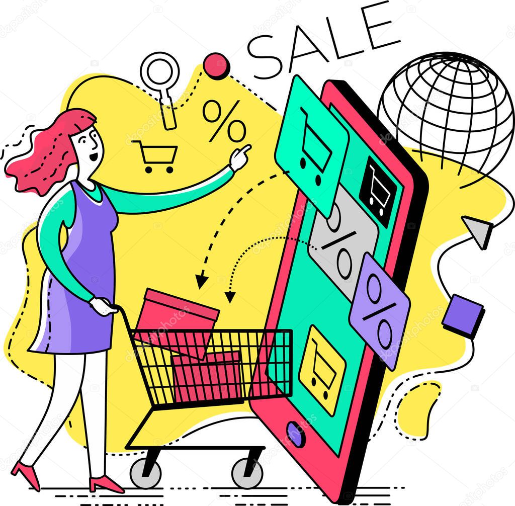 Flat illustration design for presentation, web, landing page, infographics: cartoon character woman makes online shopping in the online store on his smartphone.