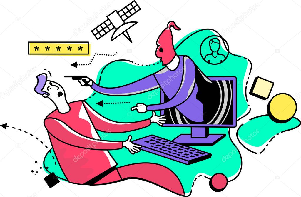 Flat illustration design for presentation, web, landing page, infographics: cartoon characters man at the computer and hacker ransomware.