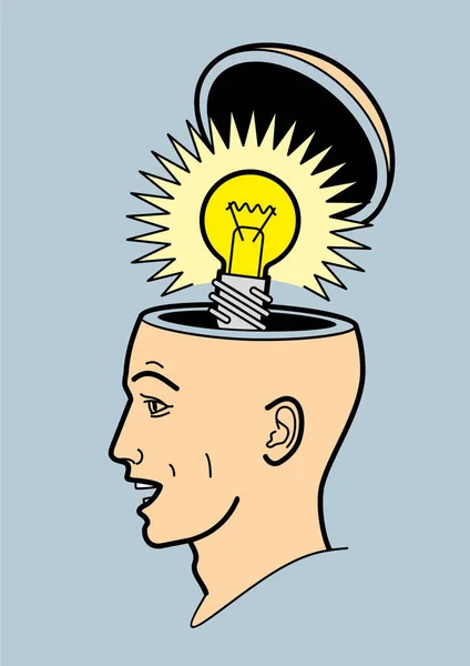 人头一个人的大脑是开放的 一个开放的人头的抽象形式 轮廓人 一个灯泡在我的头上人脑思考的心理 — 图库矢量图片