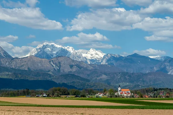 Beautiful Alps over green field and village landscape — Stock Photo, Image