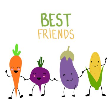 Komik sebzeler el ele tutuşuyor. Vektör sebze izolasyonu. Beyaz arkaplan üzerine vektör düz çizim. Uygun beslenme kavramı.