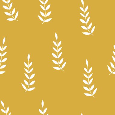 Sarı arka planda beyaz dalları olan kusursuz bir desen. Vektör çizimi. Hoş bir arka plan. Tekstil tasarımı, kumaş, ambalaj kağıdı, çarşaf, duvar kağıdı için.