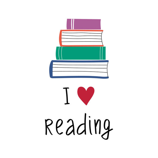 I love reading.Flat colorful vector illustration.Motivational phrase with an illustration. For printing on posters, postcards.