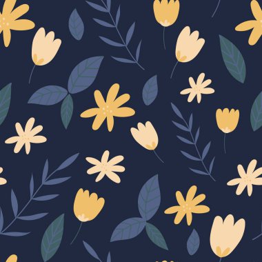 Vektör çiçek deseni. Çiçekli ve koyu mavi arka planda yaprakları olan kusursuz bir desen. Tekstil, kumaş, ambalaj kağıdı tasarımı için..