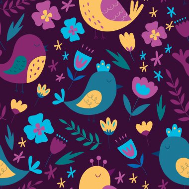Kuşlarda vektör kusursuz desen. İskandinav tarzında bir model. Düz stil. Çiçekleri ve dalları olan sevimli kuşlar. İskandinav tarzında kuşlar ve çiçekler. Tekstil için ambalaj kağıdı.