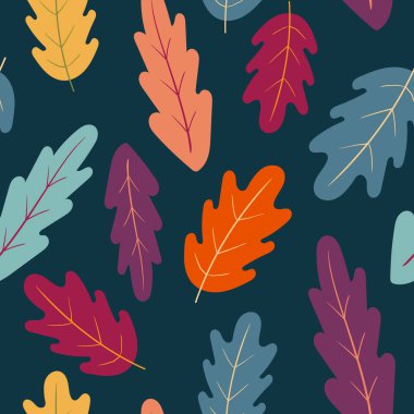 Sonbahar vektörü kusursuz desen. Koyu mavi arka planda meşe yapraklı desen. Düz stil. Tekstil tasarımı, ambalaj kağıdı, duvar kağıdı.