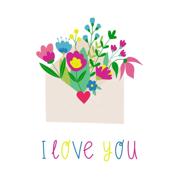 Carta Amor Con Ramo Flores Quiero Quiero Ilustración Plana Vectorial — Archivo Imágenes Vectoriales