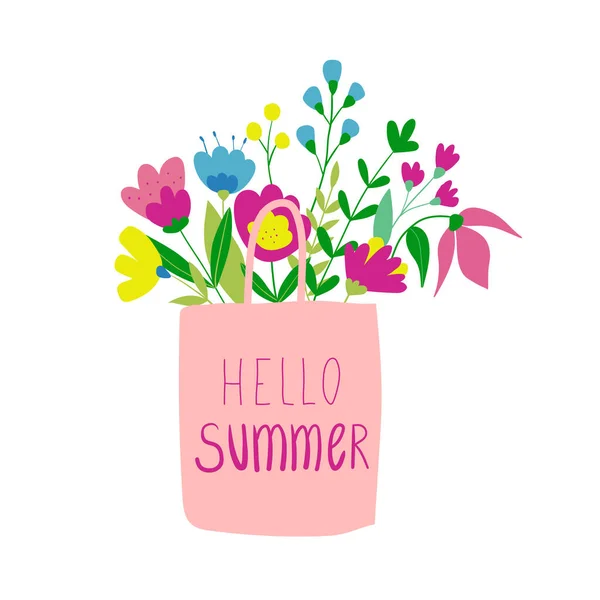 Букет Цветов Розовой Сумке Привет Лето Летняя Векторная Плоская Иллюстрация — стоковый вектор