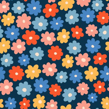 Şirin çiçeklerle kusursuz desen. Karanlık bir arka planda vektör soyut çiçek deseni. Tekstil, kumaş, ambalaj kağıdı, duvar kağıdı için..
