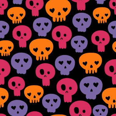 Siyah arka planda kafatasları olan kusursuz bir cadılar bayramı deseni. Düz çizim. Çizgi film tarzı. Tekstil, kumaş, ambalaj kağıdı için..
