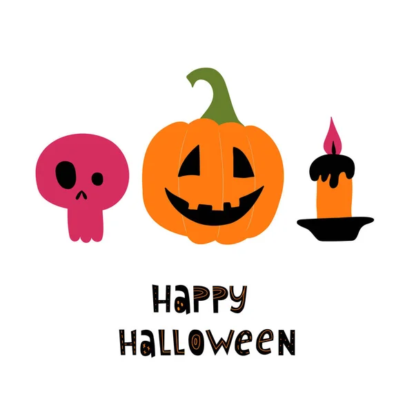 Vektorová Ilustrace Legrační Lebky Dýně Svíčky Textem Šťastný Halloween Plochý — Stockový vektor