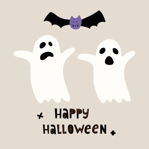 Vector Illustratie Van Grappige Geesten Vleermuizen Met Tekst Happy Halloween — Stockvector