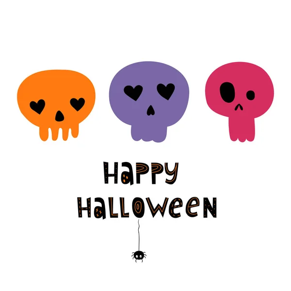 Смешная Векторная Иллюстрация Черепами Пауком Текстом Happy Halloween Плоский Стиль — стоковый вектор
