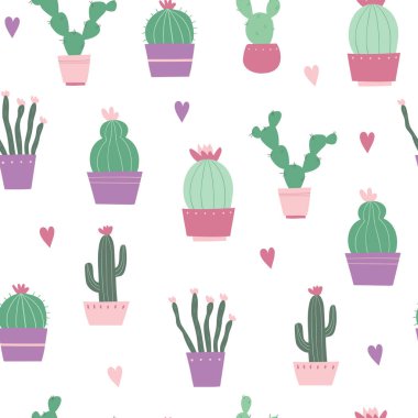 Şirin kaktüsleri ve kalpleri olan kusursuz bir desen. Vektör düz çizim. Bahçıvanlığın botanik çizimleri. Giysi tasarımı, tekstil, çarşaf, kırtasiye, ambalaj kağıdı, duvar kağıdı olarak kullanılabilir.
