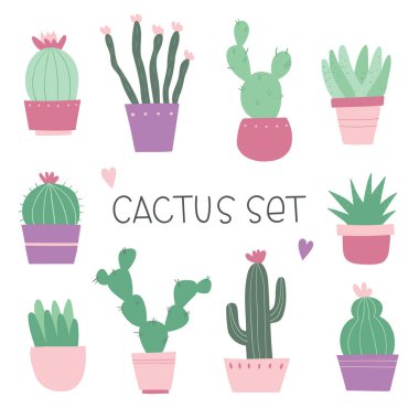 Kaktüs seti. Kaktüs, aloe ve sulu. Beyaz arkaplanda izole edilmiş vektör illüstrasyonu.