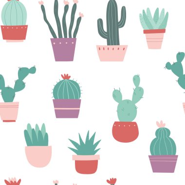 Şirin kaktüs, aloe ve sulu sularla kusursuz bir desen. Vektör düz çizim. Giysi tasarımı, tekstil, çarşaf, kırtasiye, ambalaj kağıdı, duvar kağıdı olarak kullanılabilir.