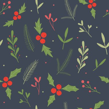  Kış çiçekleri deseni. Noel için kusursuz bir şablon, botanik elementlerle dolu yeni yıl. Düz çizim. Hediye ambalaj kağıdı, kumaş, giysi, tekstil, albüm için dekorasyon.