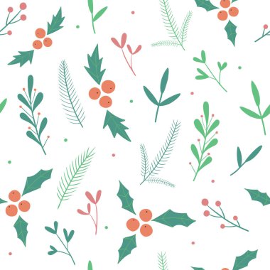  Kış çiçekleri deseni. Noel için kusursuz bir şablon, botanik elementlerle dolu yeni yıl. Düz çizim. Hediye ambalaj kağıdı, kumaş, giysi, tekstil, albüm için dekorasyon.