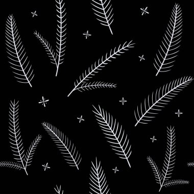  Siyah arka planda köknar dalları ve kar taneleri olan bir Noel deseni. Yeni yıl için kusursuz bir şablon. Düz basit bir stil. Paket kağıdı, kumaş, duvar kağıdı, hatıra defteri..