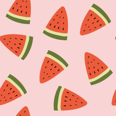 Pembe arka planda soyut karpuzları olan kusursuz bir şekil. Meyveli desen. Yaz döngüsü. Vektör meyve çizimi. Doğal dikişsiz doku. Duvar kağıdı, tekstil, kumaş, kağıt. 