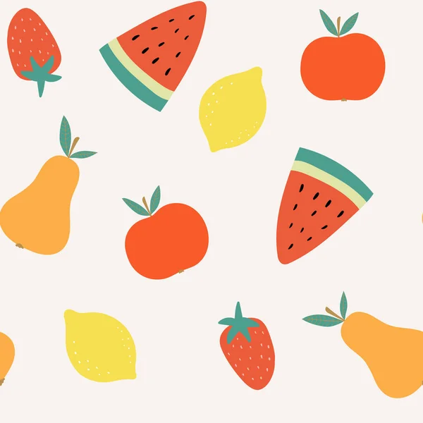 リンゴ イチゴ スイカ レモンとベクトルシームレスパターン 夏のパターン ベクトルフルーツイラスト 自然なシームレスなテクスチャ 紙のために — ストックベクタ