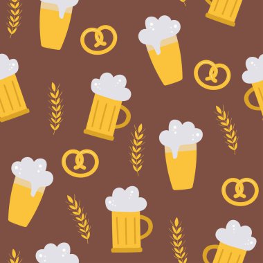 Ekim Festivali biralı, krakerli, kahverengi arka planda buğdaylı kusursuz vektör deseni. Vektör düz çizim. Tekstil, duvar kağıdı, ambalaj kağıdı, kartpostal tasarımı için..
