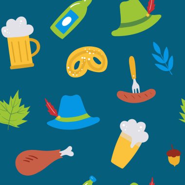  Oktoberfest biralı, sosisli, şapkalı, krakerli kusursuz vektör deseni mavi arka planda. Vektör düz çizim. Tekstil, duvar kağıdı, ambalaj kağıdı, kartpostal tasarımı için..