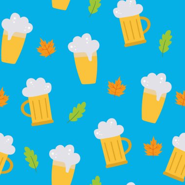  Oktoberfest kusursuz vektör desenli bir bardak birayla mavi arka planda yapraklar. Vektör düz çizim. Tekstil, duvar kağıdı, ambalaj kağıdı, kartpostal tasarımı için..