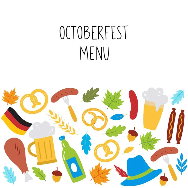 Menu Oktoberfest Tło Piwem Kiełbasą Precelkiem Pszenicą Liśćmi Kapeluszem Niemiecką — Wektor stockowy