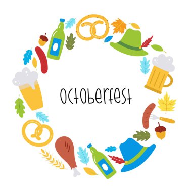  Ekim Festivali tebrik kartı. Bira, sosis, kraker, buğday, yapraklar, şapka. Düz bir şekilde vektör illüstrasyonu. Posterler, kartpostallar, menüler için mükemmel..