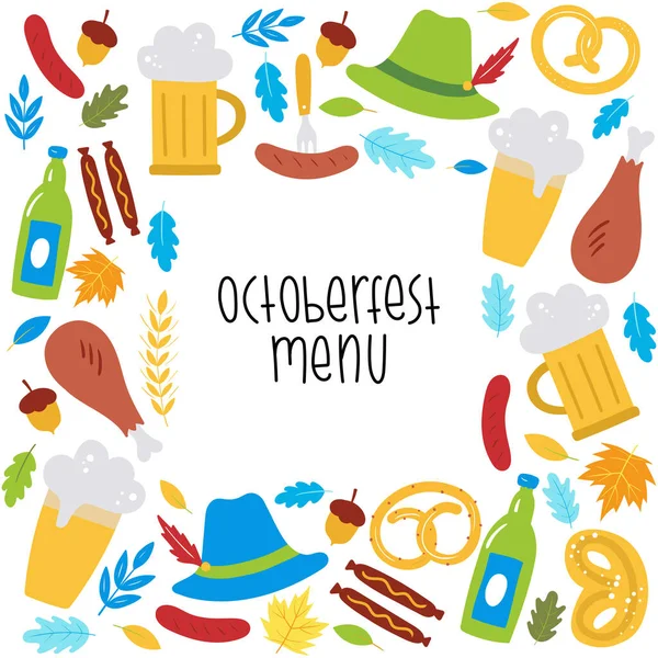 Menu Oktoberfest Tło Piwem Kiełbasą Preclami Pszenicą Liśćmi Kapeluszem Ilustracja — Wektor stockowy