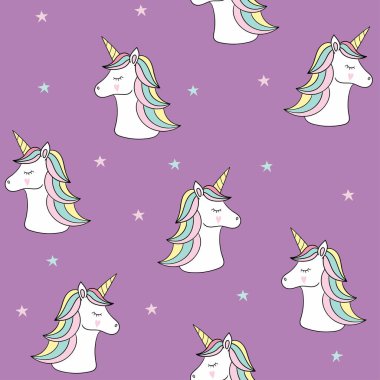 Mor arka planda tek boynuzlu atları ve yıldızları olan şirin çocuk deseni. Vektör düz çizim. Duvar kağıdı, tekstil, kumaş, kağıt.