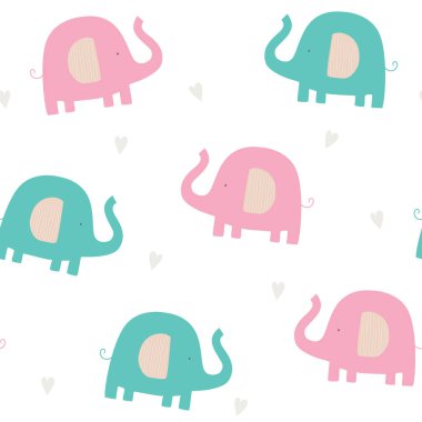  Fil desenli bebekler. Beyaz arkaplan üzerinde kalpleri olan renkli şirin filler. Kumaş, tekstil, çocuk odası duvar kağıtları için yaratıcı, çocukça bir arka plan. İskandinav tarzı.