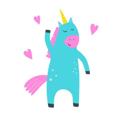  Şirin tek boynuzlu at. Tek boynuzlu at ile çizgi film stili vektör çizimi. Düz bir şekilde vektör illüstrasyonu. Etiket, yama veya poster için harika tasarım ögesi. 