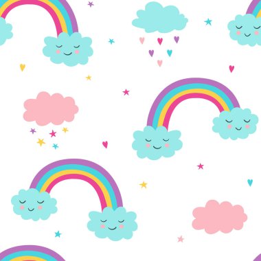  Gökkuşakları, yıldızlar, bulutlar ve kalplerle çocuk deseni. Vektör düz çizim. Duvar kağıdı, tekstil, kumaş, kağıt.