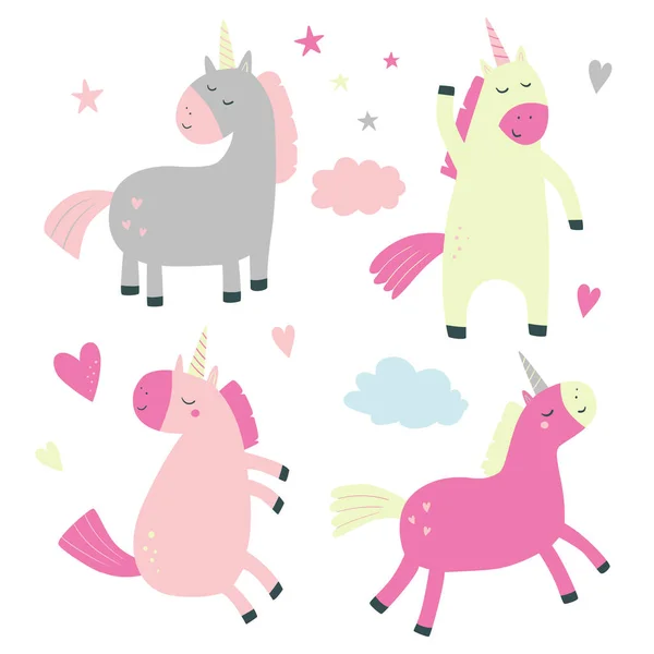 Vektor Diatur Dengan Unicorn Awan Bintang Hati Ilustrasi Anak Anak - Stok Vektor