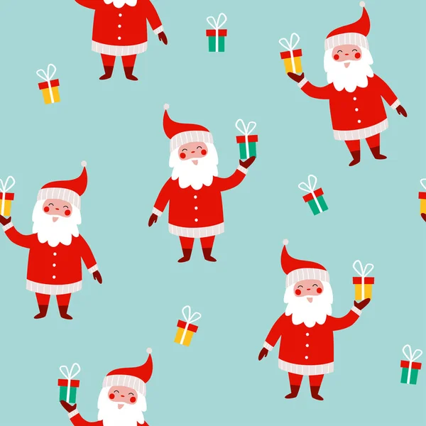 面白いサンタクロースと青の背景に贈り物とクリスマスシームレスなパターン ベクタークリスマスイラスト サンタクロースは贈り物をする ギフト包装や生地のデザインの背景 — ストックベクタ