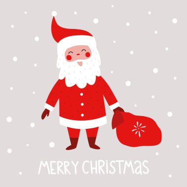 Komik Noel Baba ve mesajlı şirin Noel tebrik kartı. Vektör Noel illüstrasyonu. Noel Baba hediye verir. Çizgi film karakterli bir tatil posteri.. 