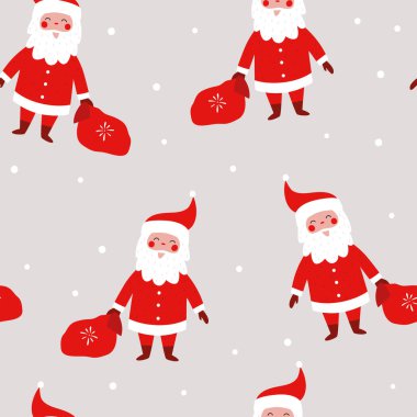  Noel Baba 'nın hediyelerle dolu komik Noel Baba' sı ve gri arka planda kar taneleri. Vektör Noel illüstrasyonu. Hediye paketi veya kumaş tasarımı için arkaplan.