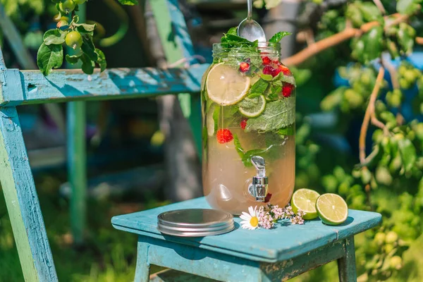 Limonata Rinfrescante Estiva Con Frutta Bacche Trova Giardino Fiorito Concetto — Foto Stock