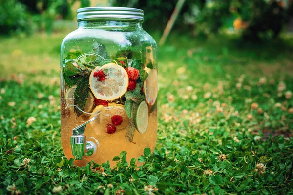 夏日清凉的柠檬水 水果和浆果 矗立在一个盛开的花园里 是休闲和夏季娱乐的理念 — 图库照片