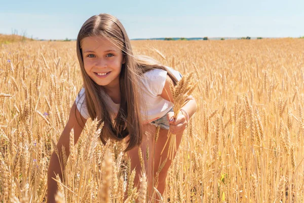 Ritratto Una Ragazza Che Tiene Fiori Selvatici Prato Campo Segale — Foto Stock