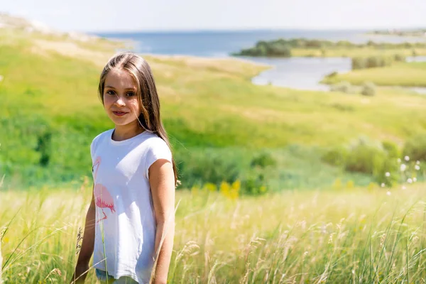 Portret Dziewczynki Długimi Włosami Widokiem Górski Krajobraz Rzekami Zielonymi Łąkami — Zdjęcie stockowe