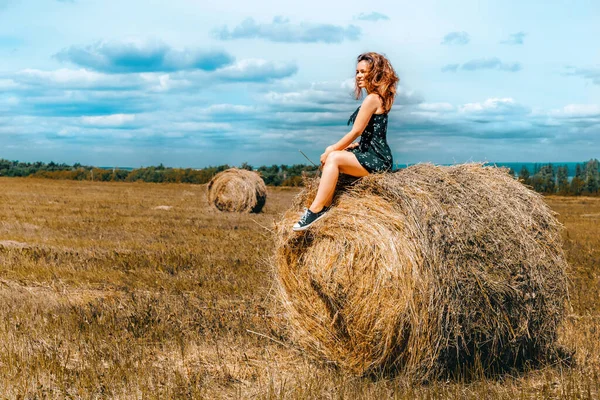 Concetto Country Giovane Donna Seduta Sul Pagliaio Estate — Foto Stock