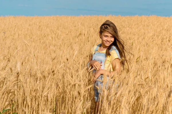 Carino Bambino Bambina Che Gioca Nel Campo Estivo Grano — Foto Stock