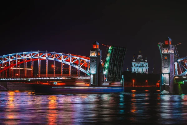 View Smolny Cathedral Divorced Bolsheokhtinsky Bridge Night Saint Petersburg Russia — Stock Photo, Image